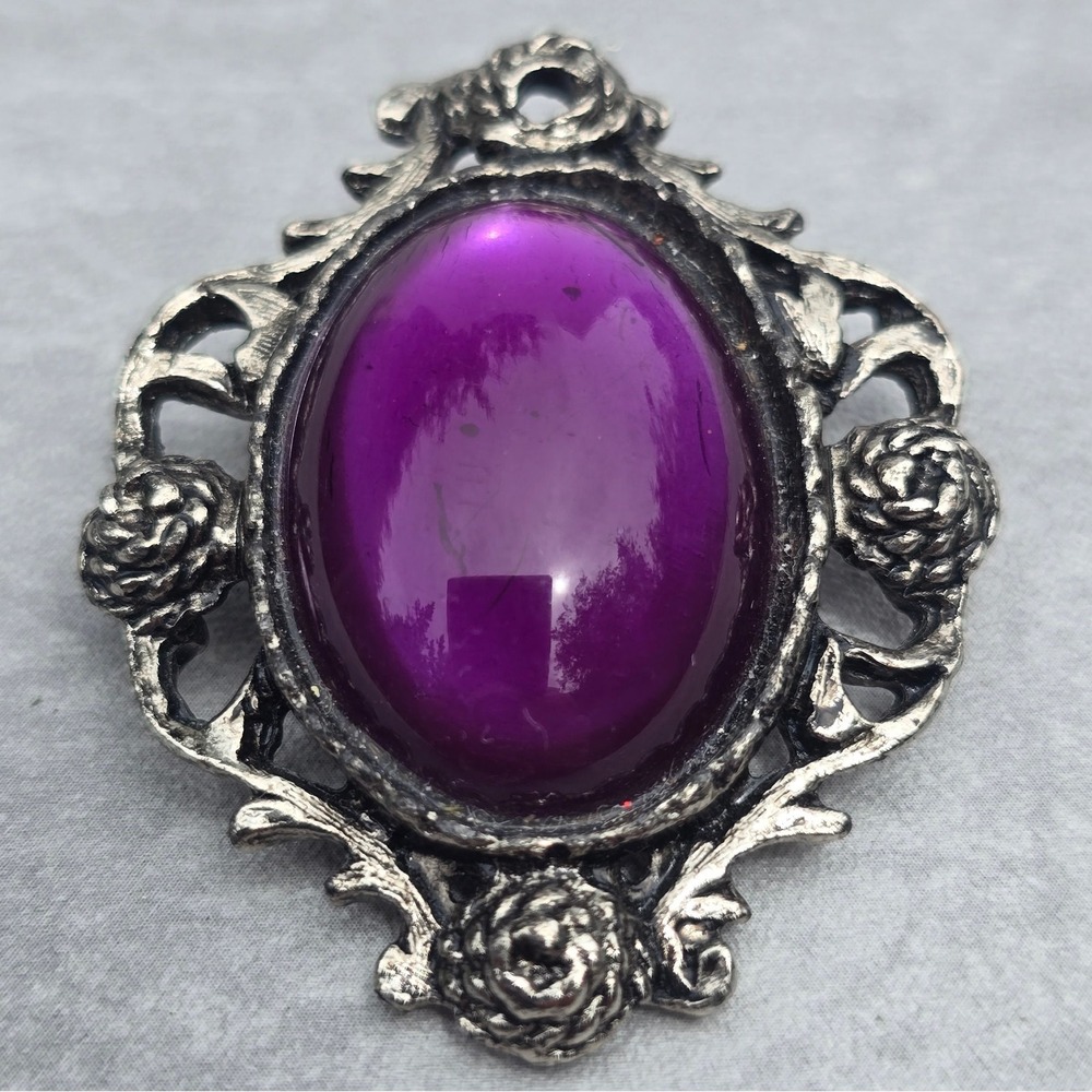 Vintage Purple Cabochon Brooch Silver Tone Floral Victorian Style Pin